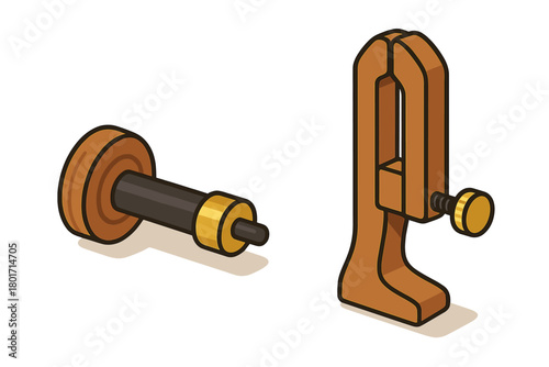 Isometric door peephole and woodworking clamp tool set isolated on white