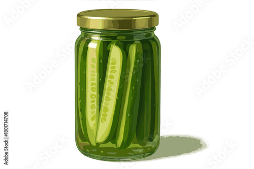 Preserved cucumbers in a clear glass jar sealed with a golden lid on a clean white background