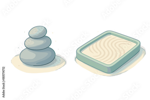 Balanced stack of smooth spa stones and a miniature zen garden sand tray for meditation and relaxation