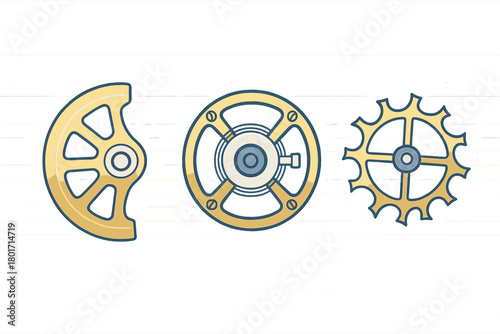 Three golden mechanical clockwork components including gears and escapement wheels on a white background