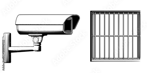 Black White Watchful Vigil: Security Camera's Perspective | Clean, isolated vector art for creative projects.
