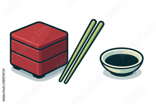 Isometric Japanese bento box with chopsticks and soy sauce dish