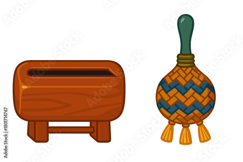 Traditional wooden offering box and ceremonial woven rattle isolated on white background