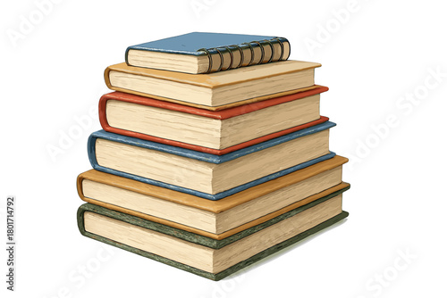 Stack of colorful hardcover books and spiral notebook on white