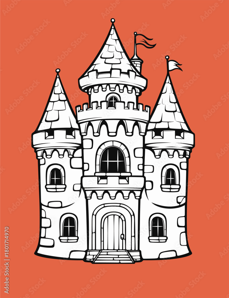 Fototapeta premium Black and white illustration of a cartoon castle in line art style. Fairy tale fortress with towers, flags, and a large door. Isolated vector suitable for children's coloring books or medieval symbols