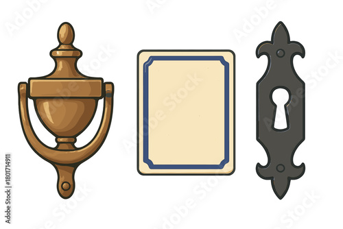 Vintage brass door knocker, blank rectangular nameplate, and decorative black keyhole escutcheon plate set