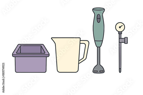 Essential kitchen tools set including immersion hand blender, measuring pitcher, container, and thermometer