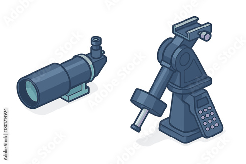 Isometric view of telescope optical tube assembly and equatorial mount