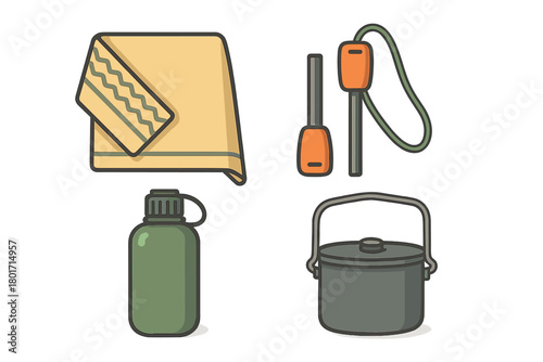 Essential outdoor survival gear set including water bottle, cooking pot, fire starter, and camping towel