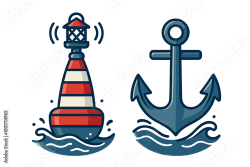 Striped marine navigation buoy and heavy ship anchor floating on ocean waves