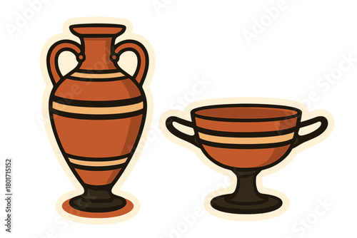 Ancient Greek pottery set with amphora vase and stemmed drinking cup featuring geometric stripes