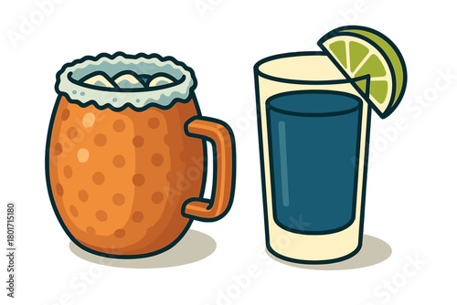 Classic cocktail in copper mug next to blue liquor shot glass with lime garnish