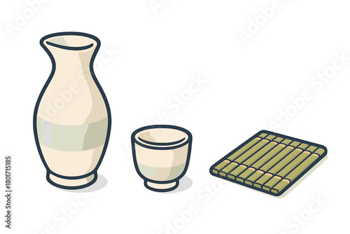 Japanese sake serving set with ceramic tokkuri cup and bamboo coaster