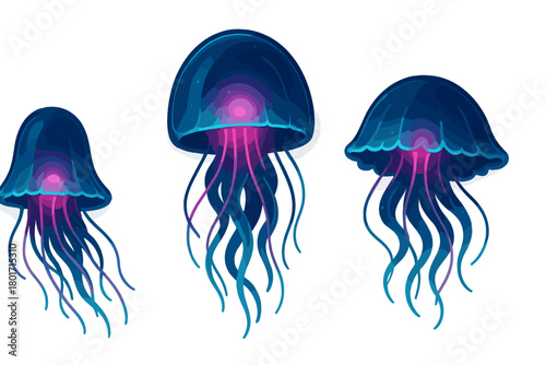 Bioluminescent jellyfish with vibrant blue and magenta tentacles swimming in the deep ocean