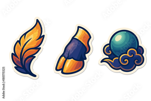 Glowing feather, animal hoof, and mystical orb icons on stylized Asian clouds