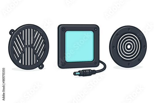 Set of electronic components featuring two speaker grilles and a square screen device with a power cable