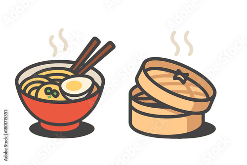 Hot ramen noodle soup bowl with chopsticks and half egg beside traditional stacked bamboo steamer baskets
