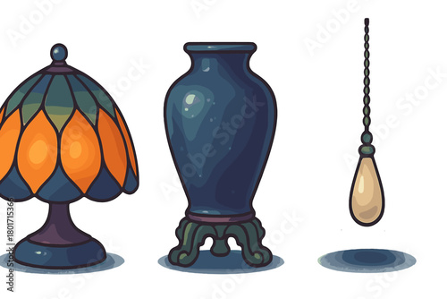 Vintage style table lamp, decorative ceramic vase, and ceiling fan pull chain set