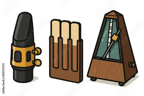 Classic wooden metronome, saxophone mouthpiece, and reeds musical accessories set