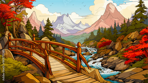 Scenic illustration of a wooden footbridge over a rocky river in an autumn mountain valley. Features pine forests, red trees, and majestic snow-capped peaks. Ideal for adventure and travel.