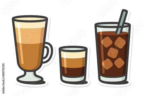 Set of three popular coffee drinks: layered latte, espresso shot, and iced beverage