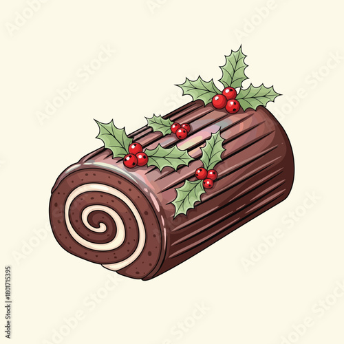 Chocolate Yule Log Cake with Holly Berries christmas cake