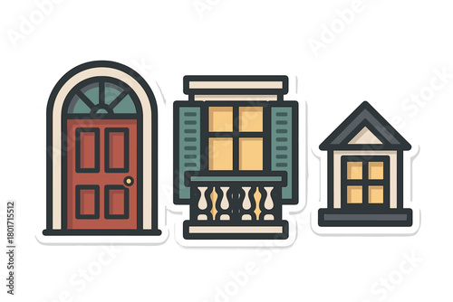 Stylized collection of building facade elements including arched doorway, balcony window, and small house structure