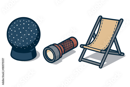 Set of objects for leisure and exploration: fortune teller globe, telescope, and folding deck chair