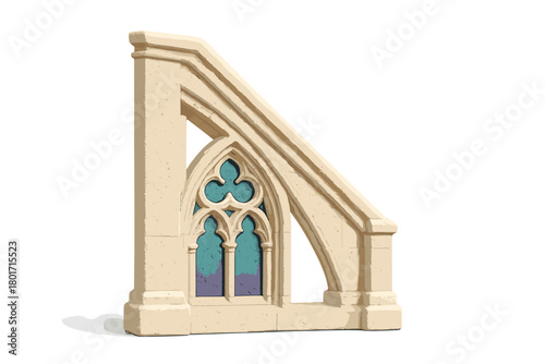 Fragment of ancient Gothic stone window tracery architectural element on white background