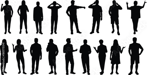 Collection of diverse people silhouettes, casual men and women standing, various poses, gesturing, talking on phone, celebrating, isolated vector set.