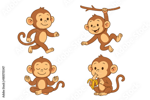 Adorable cartoon baby monkeys performing different actions like walking swinging meditating and eating fruit