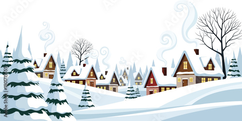 Cozy winter village with snowcovered houses and trees