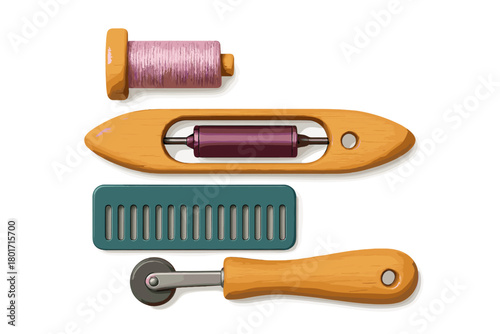 Set of wooden crafting tools including thread bobbin, weaving shuttle, reed, and tracing roller