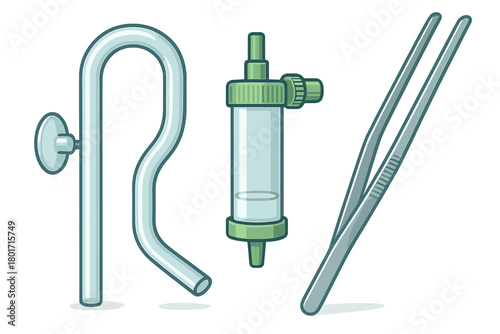 Essential tools for planted aquarium maintenance including glass tubing, CO2 reactor, and aquascaping tweezers