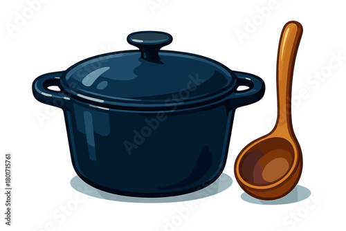 Dark blue enameled Dutch oven and lid next to a large wooden serving spoon