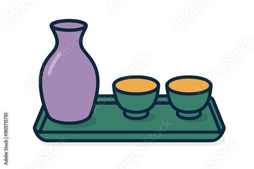 Traditional Japanese sake set with bottle and two small cups on a serving tray