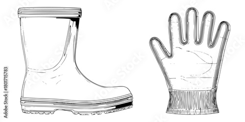 Elegant Rubber Boots & Glove Pair White: Timeless Protective | Clean, isolated vector art for creative projects.