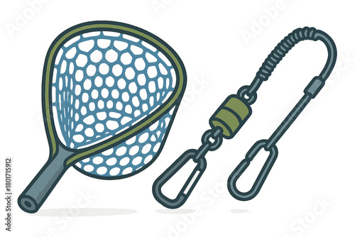 Landing net and magnetic net release lanyard accessory for fly fishing