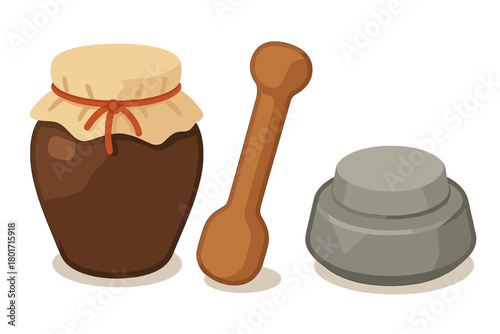 Traditional ceramic jar with fabric lid cover next to a wooden honey dipper and a gray stone mortar base