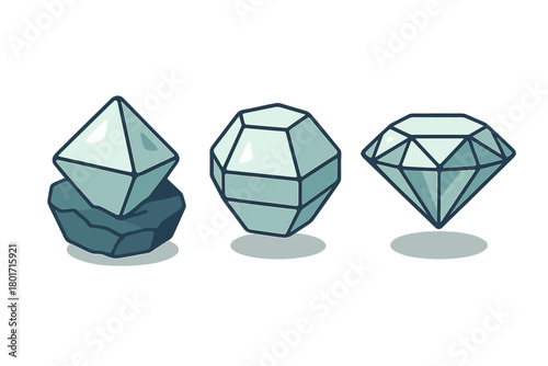 Three stages of diamond processing from rough stone to polished gemstone