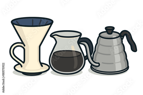 Essential equipment for making pour-over coffee including a dripper, server, and gooseneck kettle