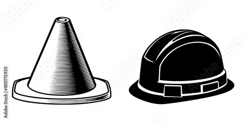 simple yet elegant black white representation traffic cone hard hat, both modern twist. | Clean, isolated vector art for creative projects.
