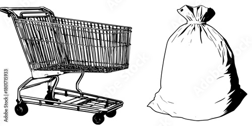 Eco-Chic Shopping: Reusable Tote vs. Wasteful Plastic Bags | Clean, isolated vector art for creative projects.