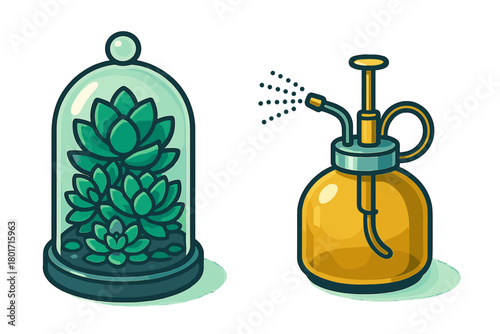 Succulent in glass terrarium next to yellow water mister spraying droplets