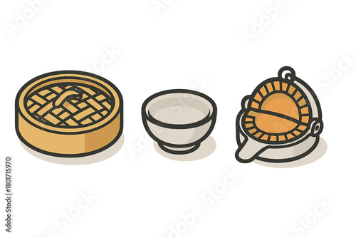Asian cooking tools set including bamboo steamer basket, dipping sauce bowl, and dumpling press mold