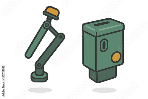 Mechanical arm component and rectangular sensor box on white background
