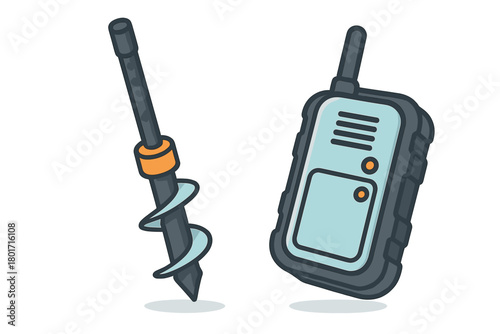 Handheld two-way radio device and manual ice auger drill tool for outdoor recreation