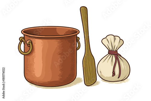 Copper pot cheesecloth bag and wooden paddle for food preparation tools