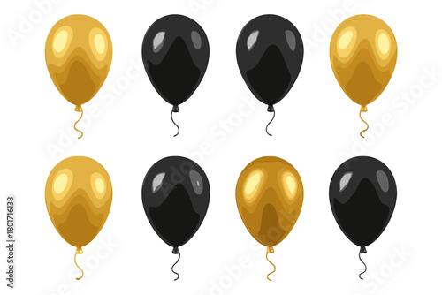 Glossy black and metallic gold helium balloons floating on white background