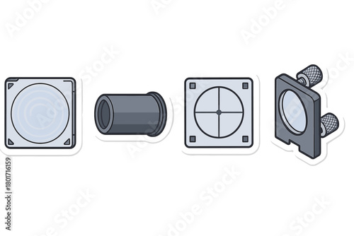 Set of scientific optical components including lenses, tubes, and mounting hardware